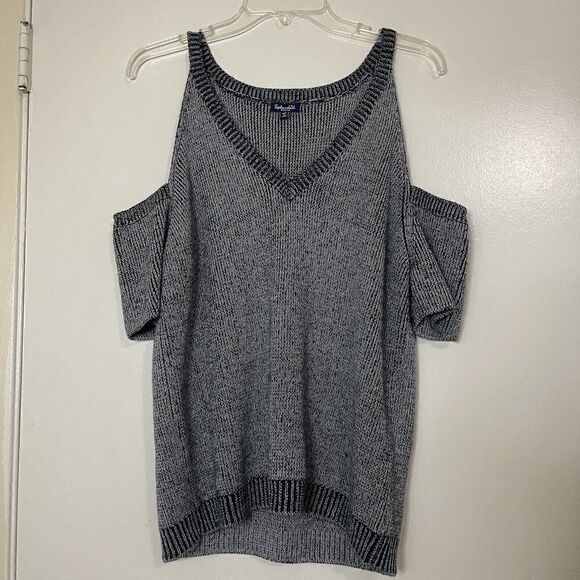 NEW! Splendid Blue Marled Cold Shoulder V Neck Short Sleeve wool blend sweater M - Picture 2 of 6